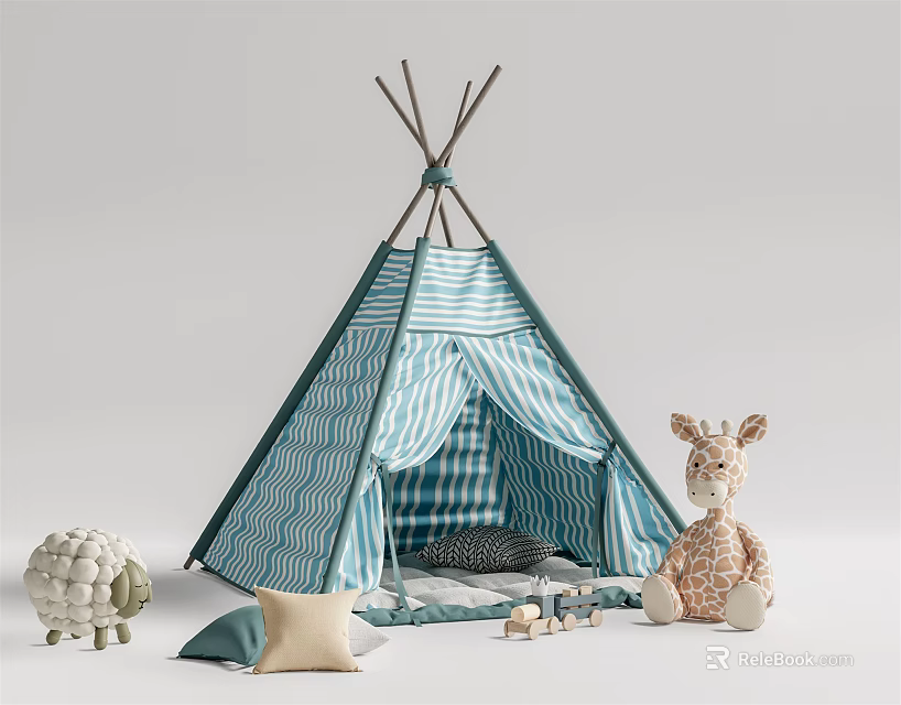 Blue and White Striped Kids Tepee Tent with Stuffed Giraffe Sheep and Plush Toys 3d model 