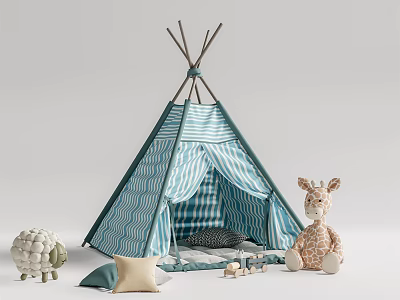 Blue and White Striped Kids Tepee Tent with Stuffed Giraffe Sheep and Plush Toys 3d model