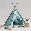 Blue and White Striped Kids Tepee Tent with Stuffed Giraffe Sheep and Plush Toys