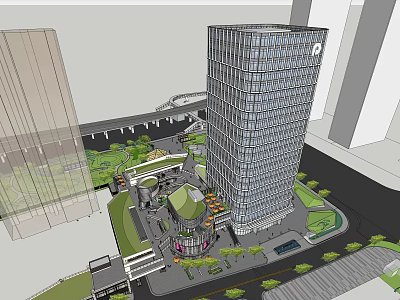 Modern Commercial Complex With Tall Glass Building Greenery Overpass And Urban Plaza 3d model