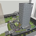 Modern Commercial Complex With Tall Glass Building Greenery Overpass And Urban Plaza