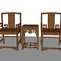 Two Chinese Wooden Leisure Chairs with Carved Design and Small Coffee Table on White Background