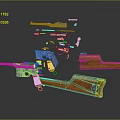 Disassembled Firearm 3D Model Display With Wooden Grips Magazine Barrel Components
