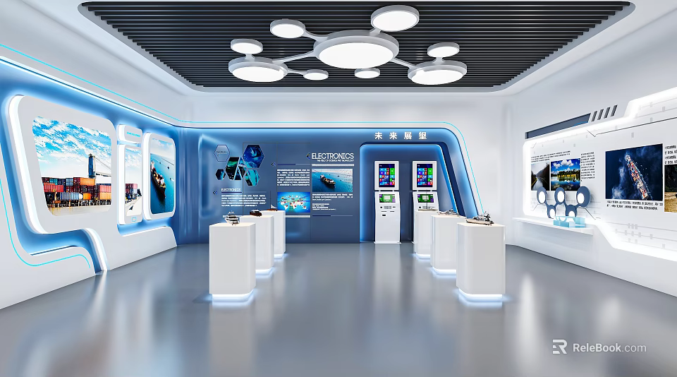 Modern Exploration Exhibition Hall with Blue Walls Digital Screens White Podiums Circular Ceiling Lights 3d model 