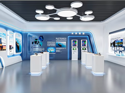 Modern Exploration Exhibition Hall with Blue Walls Digital Screens White Podiums Circular Ceiling Lights 3d model
