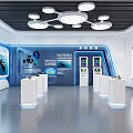 Modern Exploration Exhibition Hall with Blue Walls Digital Screens White Podiums Circular Ceiling Lights