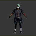 Detailed 3D Anime Character With Teal Hair Mask Dark Coat Red Vest And White Shoes