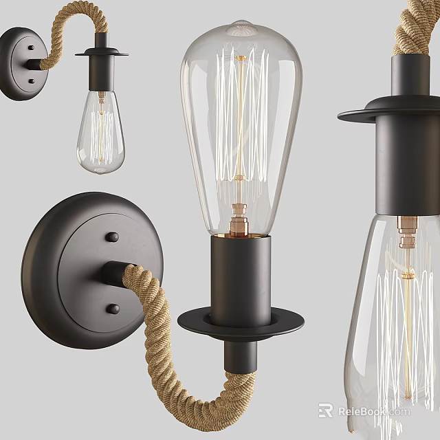 Modern Vintage Wall Lamps With Black Metal Base Glass Shade And Rope Accent 3d model 