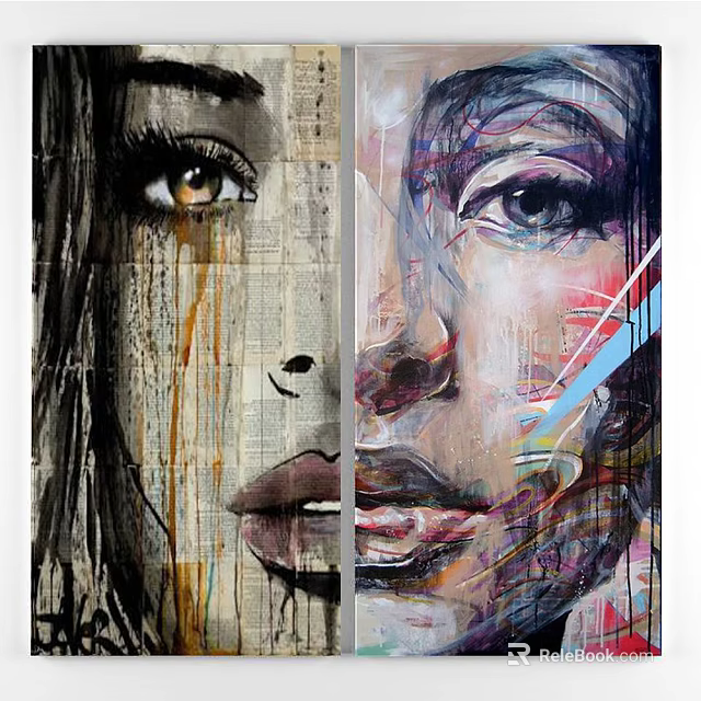 Portrait Painting With Black White Newspaper Background Dripping Paint Colorful Abstract Multicolored Lines Eyes Lips 3d model 