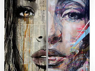 Portrait Painting With Black White Newspaper Background Dripping Paint Colorful Abstract Multicolored Lines Eyes Lips 3d model