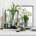 Decorative Ornament Set with White Tulips Transparent Vases Golden Figurine and Picture Frame
