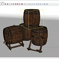 Rustic Vintage Wooden Barrels Stacked With Metal Bands And Wooden Stands