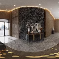 Hotel Lobby Interior Design With Grid Wall Brown Armchair Beige Sofa And Gold Coffee Table