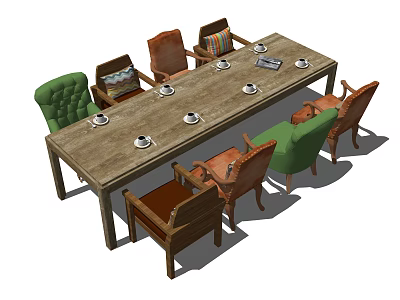 Wooden Long Dining Table Set With Various Colored Chairs And Cups On Top 3d model
