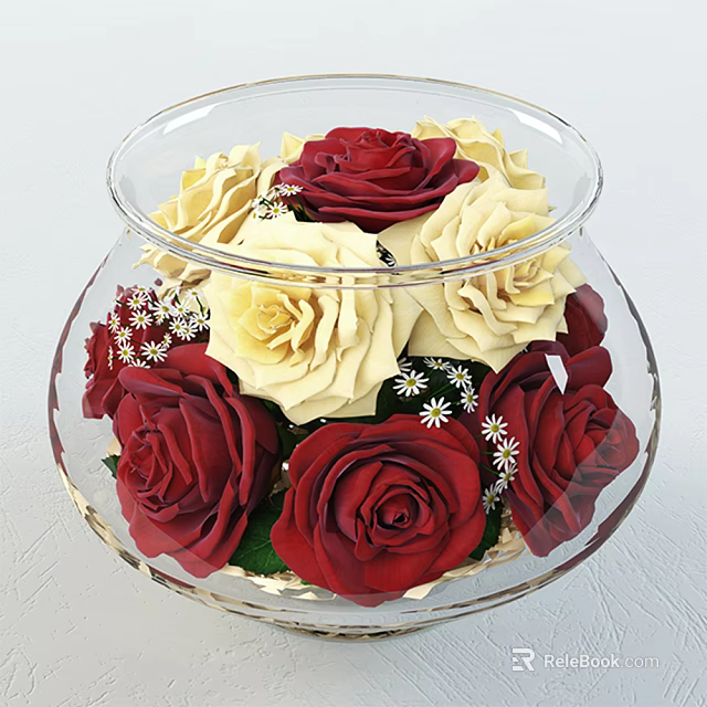 Transparent Glass Vase With Red And White Roses And Small Daisies Decoration 3d model 