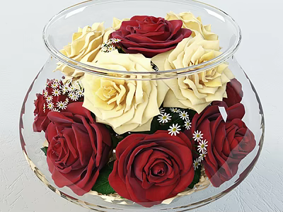 Transparent Glass Vase With Red And White Roses And Small Daisies Decoration 3d model