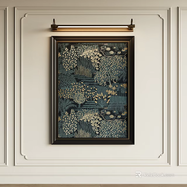 Abstract Painting With Black Frame Gold Dark Patterns On White Decorative Wall 3d model