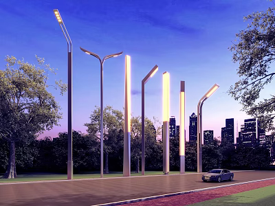 Modern Outdoor Lights Illuminated Roadside With Urban Night View And Trees 3d model