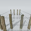 Rustic Wooden Posts Supporting Wire Mesh Fence Structure Design 3d model