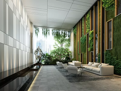 Modern Hotel Public Lounge Interior With Vertical Garden Wall Comfortable Sofa And Natural Light 3d model