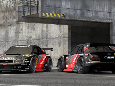 Black And Red Race Cars With CASIO Logos Near Concrete Structure Warning Stripes 3d model