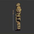 Detailed Game Movie Character In Ornate Gold And Red Decorated Armor With Intricate Design