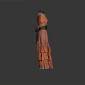 Vibrant Orange Dress with Short Sleeves Green Belt and Layered Ruffled Skirt