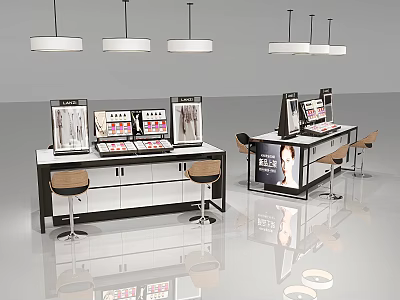 Modern Display Shelves With Black White Design And Wooden Stools For Retail Shop 3d model