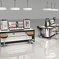 Modern Display Shelves With Black White Design And Wooden Stools For Retail Shop