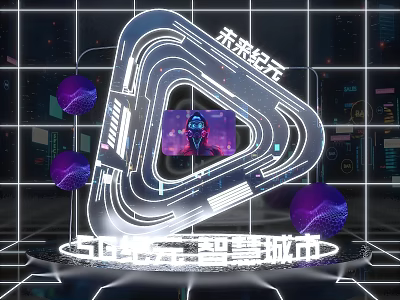 Future Era Smart City Photo Spot With Illuminated Ring Structure Screen Character Purple Spheres Grid 3d model