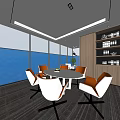 Casual Lounge Area with Round Table White Orange Chairs Wooden Shelf and Large Windows