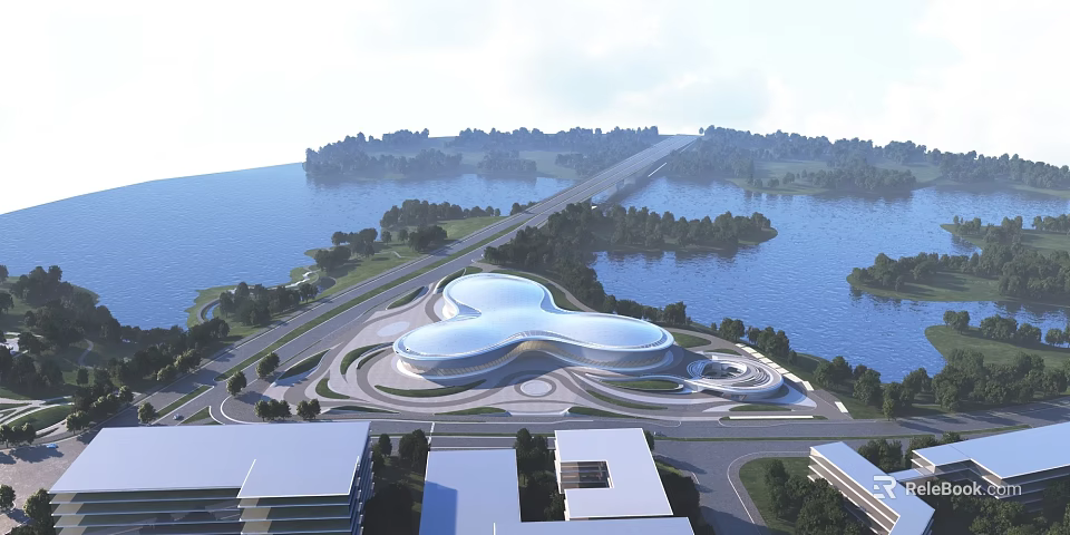Modern Waterfront Stadium Building with Curved Roof Surrounded by Lake Greenery and Roads 3d model 