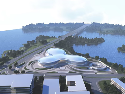 Modern Waterfront Stadium Building with Curved Roof Surrounded by Lake Greenery and Roads 3d model