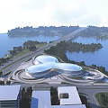 Modern Waterfront Stadium Building with Curved Roof Surrounded by Lake Greenery and Roads