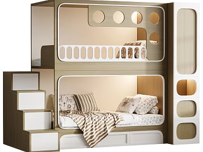 Modern Children's Bunk Bed With Step Stairs Circular Frame Cutouts And Storage Drawers Design 3d model