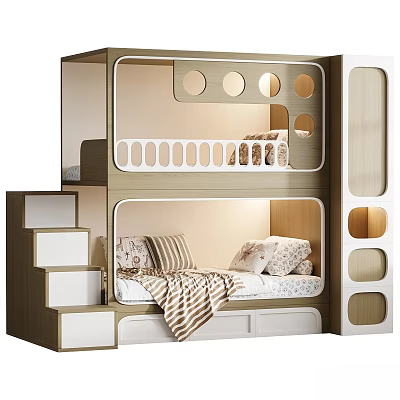 Modern Children's Bunk Bed With Step Stairs Circular Frame Cutouts And Storage Drawers Design 3d model