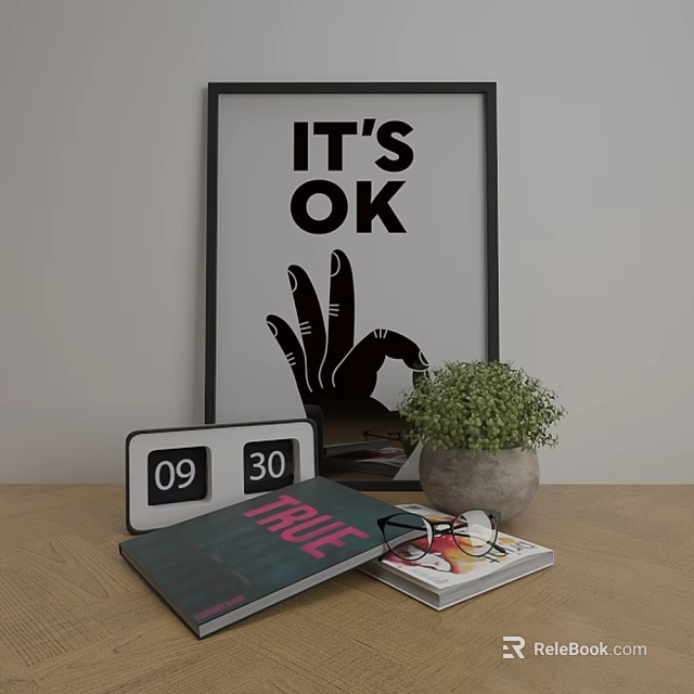 Decorative Ornament Set With Its OK Framed Poster Alarm Clock Book Glasses And Potted Plant 3d model 