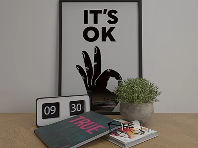 Decorative Ornament Set With Its OK Framed Poster Alarm Clock Book Glasses And Potted Plant 3d model