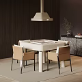 White Entertainment Table With Four Beige Chairs Hanging Lamp Dark Wall And Patterned Cabinet Decor