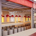 Modern Chinese Restaurant Interior With Red Walls Exposed Pipes White Tiled Bar And Round Stools
