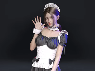 Woman in Classic Black and White Maid Outfit Waving Hand with Frilled Headpiece 3d model