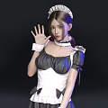 Woman in Classic Black and White Maid Outfit Waving Hand with Frilled Headpiece
