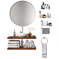Bathroom Sink With Round Mirror Wooden Shelf Towels And Toiletries Setup In Bathroom
