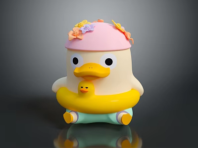 Cartoon Duck Character With Pink Hat Flower Decorations And Little Duckling In Yellow Float Ring 3d model