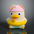 Cartoon Duck Character With Pink Hat Flower Decorations And Little Duckling In Yellow Float Ring