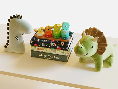 Cute Dinosaur Plush Toys Next To Books And Stacking Toys 3d model