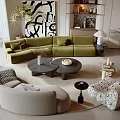Green Sectional Sofa And Round Coffee Table Set With Beige Curved Sofa Floor Lamp And Art