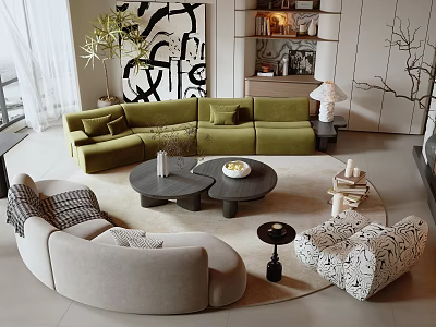 Green Sectional Sofa And Round Coffee Table Set With Beige Curved Sofa Floor Lamp And Art 3d model