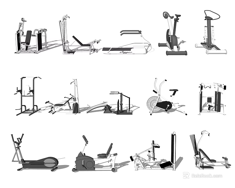 Various Types of Sports Equipment Including Treadmill Exercise Bike and Weight Machines 3d model 