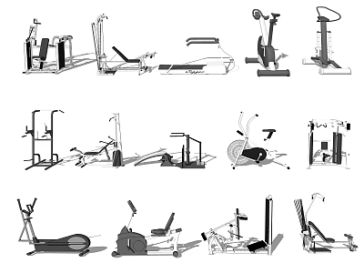 Various Types of Sports Equipment Including Treadmill Exercise Bike and Weight Machines 3d model